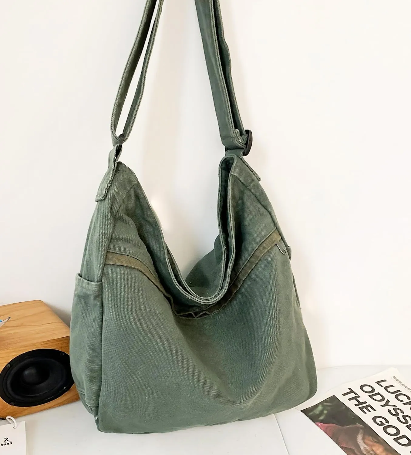 Economical Cotton Canvas Tote Bag,Women Hobo Shoulder Bag Crossbody Handbag with 3 External Pocket,Zipper Closure