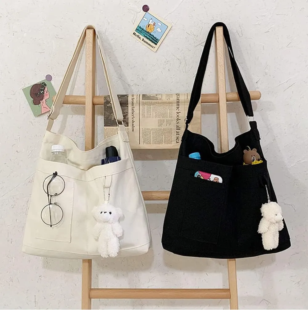 Economical Cotton Canvas Tote Bag,Women Hobo Shoulder Bag Crossbody Handbag with 3 External Pocket,Zipper Closure