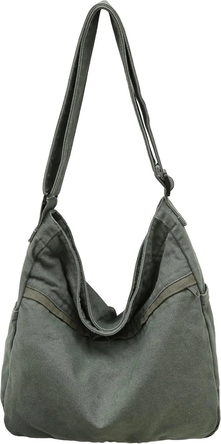Economical Cotton Canvas Tote Bag,Women Hobo Shoulder Bag Crossbody Handbag with 3 External Pocket,Zipper Closure