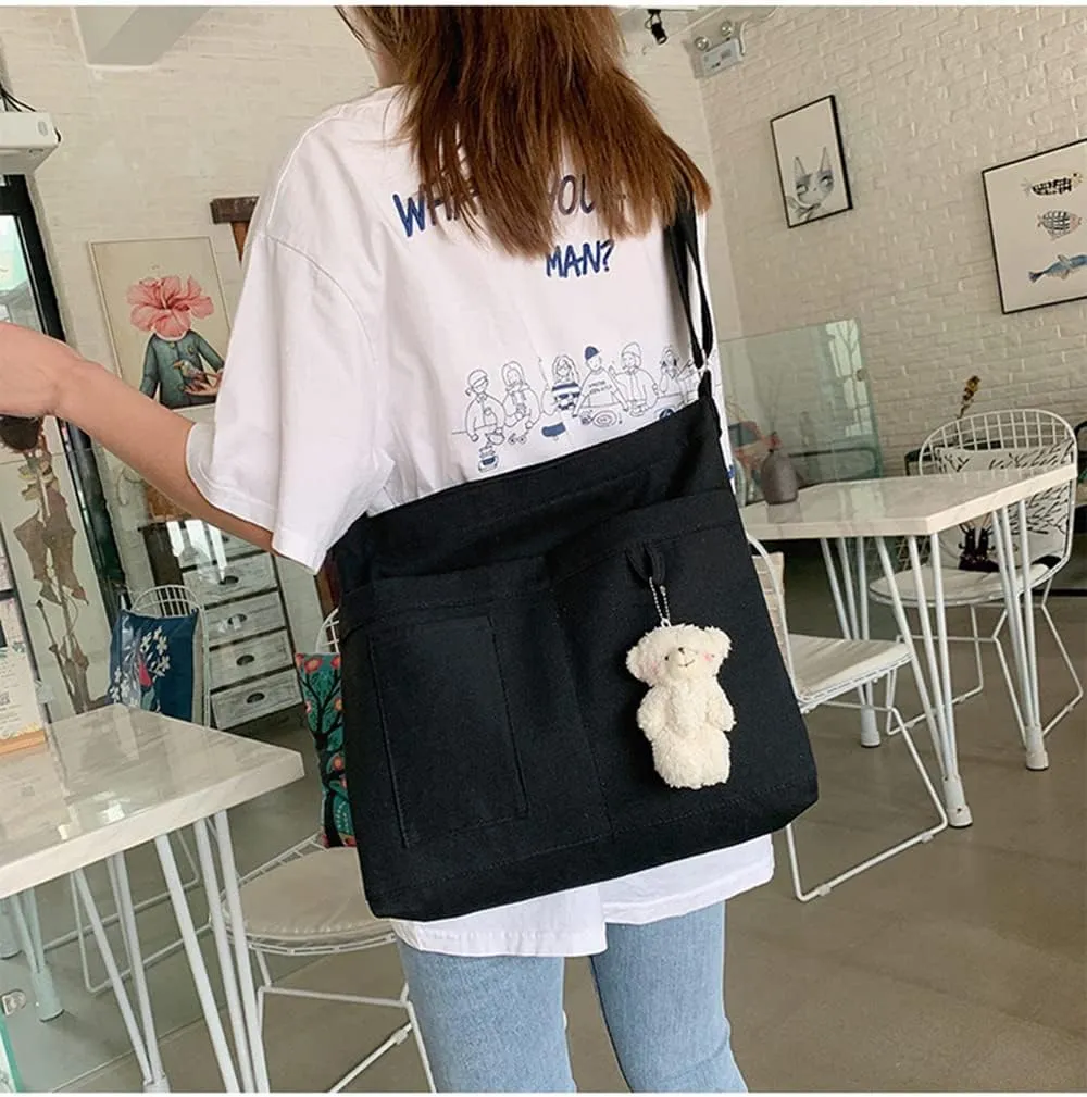 Economical Cotton Canvas Tote Bag,Women Hobo Shoulder Bag Crossbody Handbag with 3 External Pocket,Zipper Closure