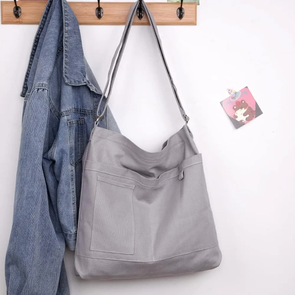 Economical Cotton Canvas Tote Bag,Women Hobo Shoulder Bag Crossbody Handbag with 3 External Pocket,Zipper Closure