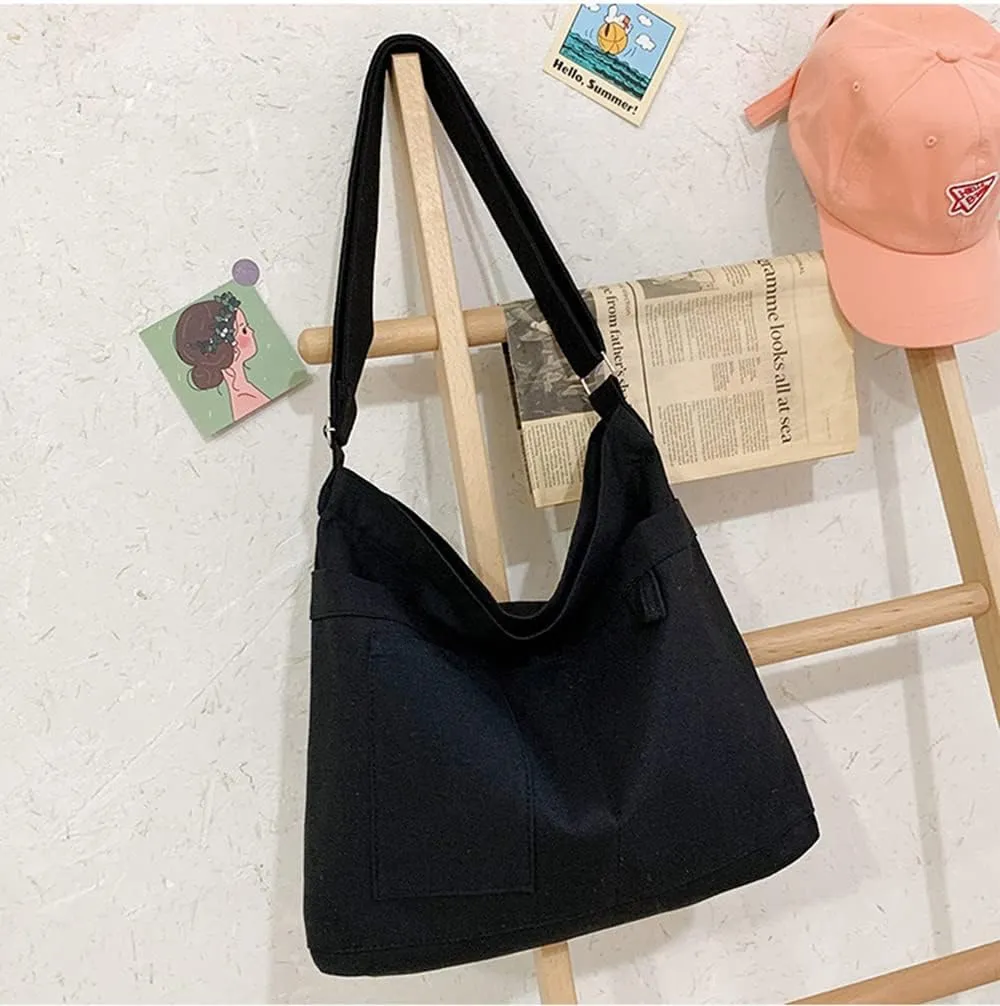 Economical Cotton Canvas Tote Bag,Women Hobo Shoulder Bag Crossbody Handbag with 3 External Pocket,Zipper Closure