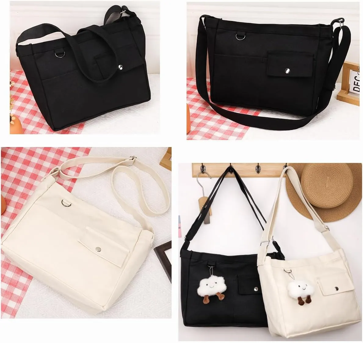 Economical Cotton Canvas Tote Bag,Women Hobo Shoulder Bag Crossbody Handbag with 3 External Pocket,Zipper Closure