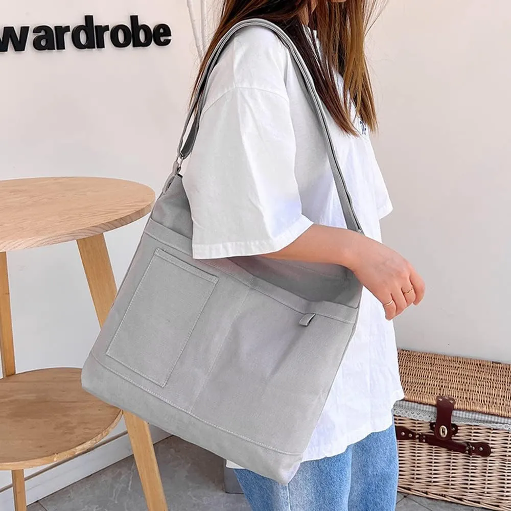 Economical Cotton Canvas Tote Bag,Women Hobo Shoulder Bag Crossbody Handbag with 3 External Pocket,Zipper Closure