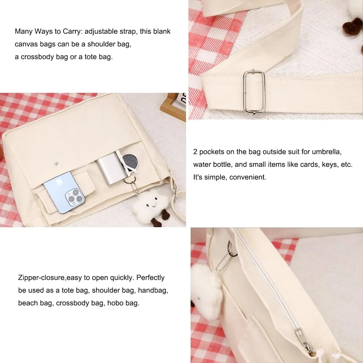 Economical Cotton Canvas Tote Bag,Women Hobo Shoulder Bag Crossbody Handbag with 3 External Pocket,Zipper Closure