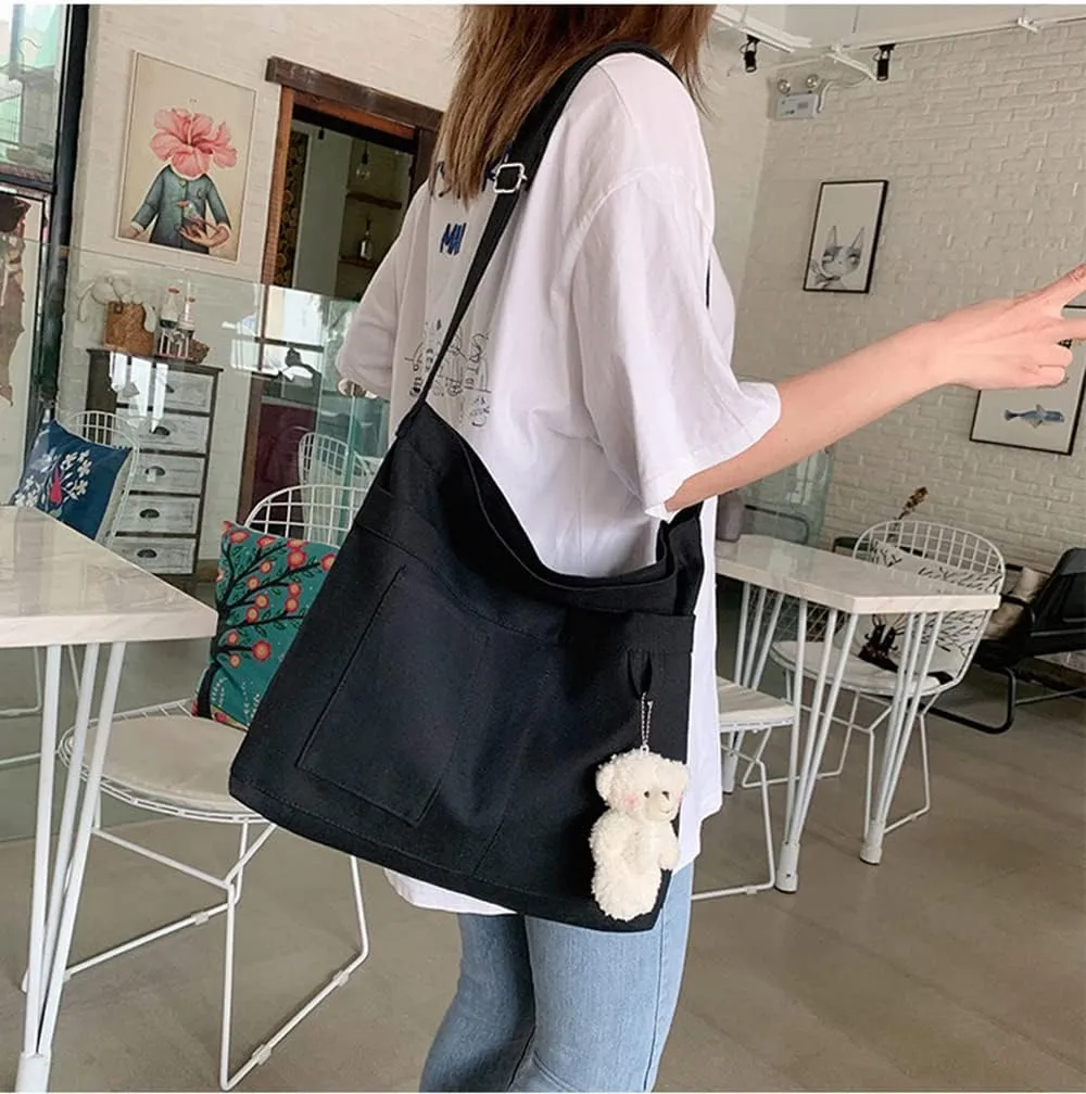 Economical Cotton Canvas Tote Bag,Women Hobo Shoulder Bag Crossbody Handbag with 3 External Pocket,Zipper Closure