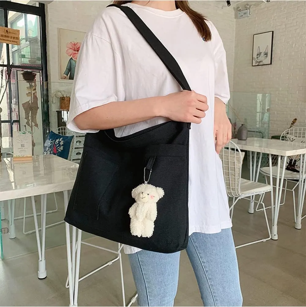 Economical Cotton Canvas Tote Bag,Women Hobo Shoulder Bag Crossbody Handbag with 3 External Pocket,Zipper Closure