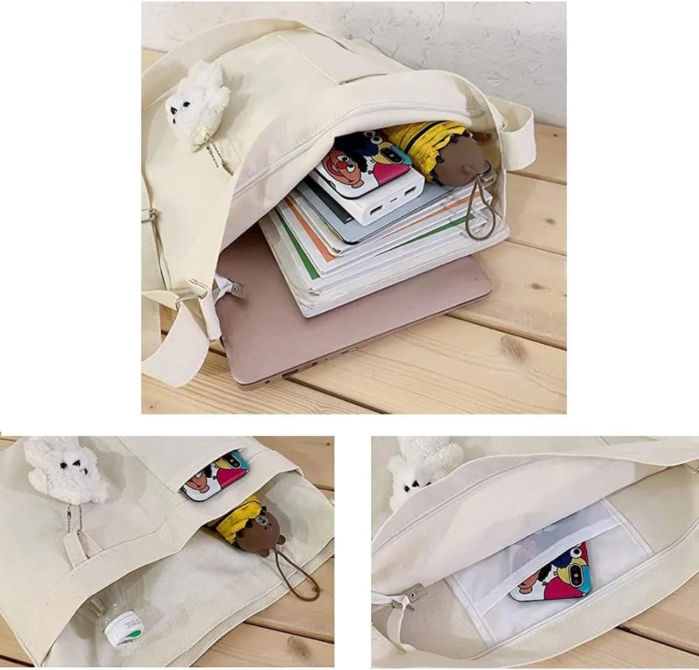 Economical Cotton Canvas Tote Bag,Women Hobo Shoulder Bag Crossbody Handbag with 3 External Pocket,Zipper Closure