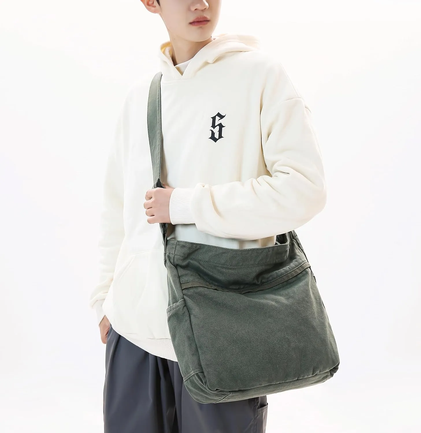Economical Cotton Canvas Tote Bag,Women Hobo Shoulder Bag Crossbody Handbag with 3 External Pocket,Zipper Closure