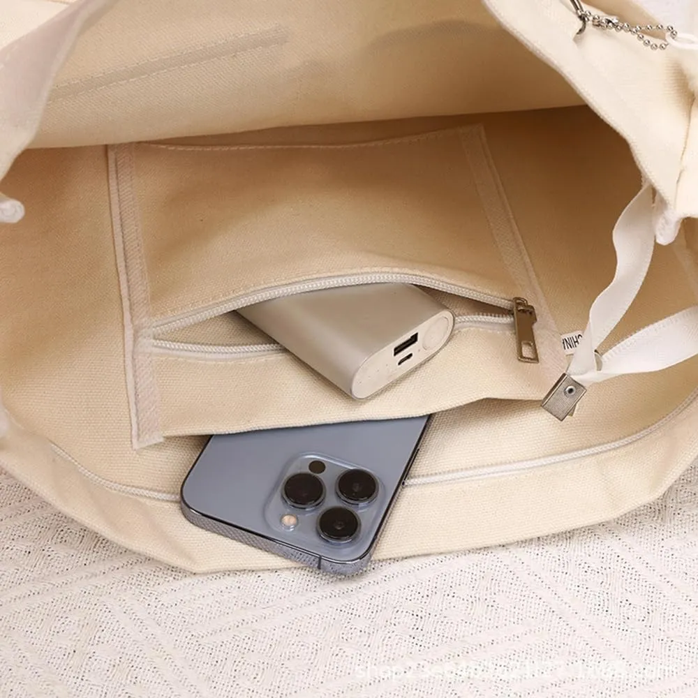 Economical Cotton Canvas Tote Bag,Women Hobo Shoulder Bag Crossbody Handbag with 3 External Pocket,Zipper Closure