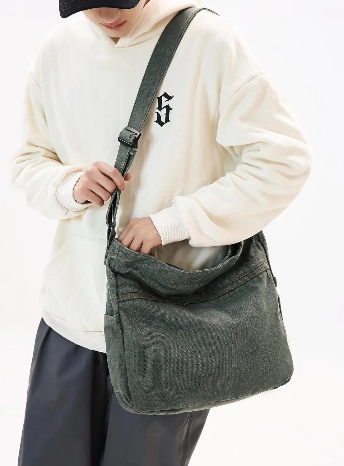 Economical Cotton Canvas Tote Bag,Women Hobo Shoulder Bag Crossbody Handbag with 3 External Pocket,Zipper Closure