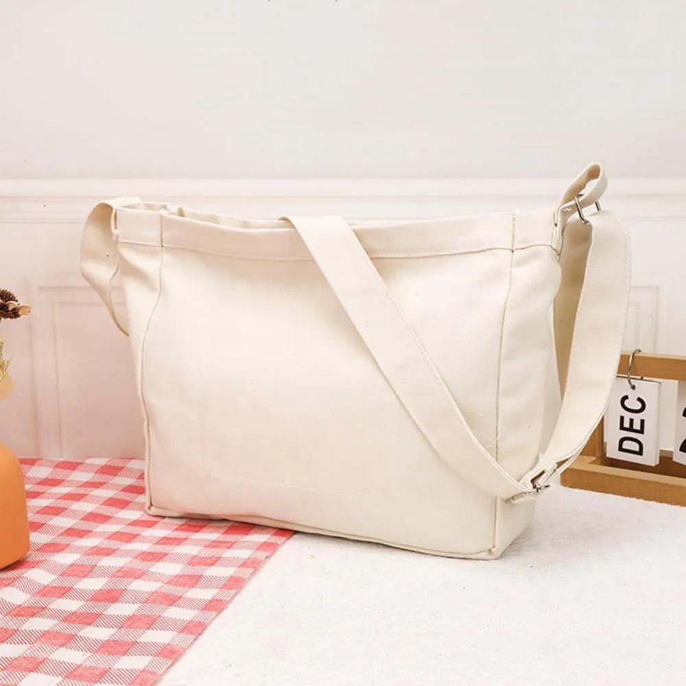 Economical Cotton Canvas Tote Bag,Women Hobo Shoulder Bag Crossbody Handbag with 3 External Pocket,Zipper Closure