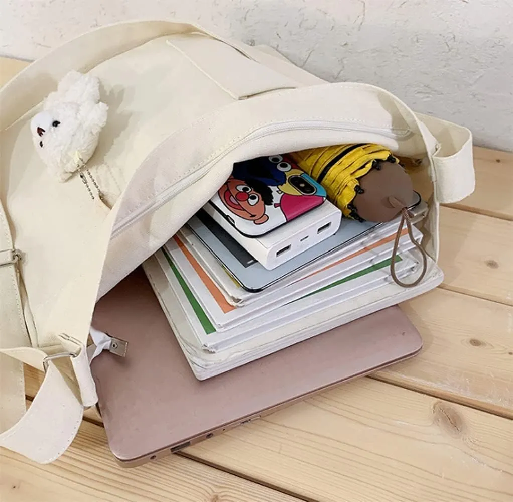 Economical Cotton Canvas Tote Bag,Women Hobo Shoulder Bag Crossbody Handbag with 3 External Pocket,Zipper Closure