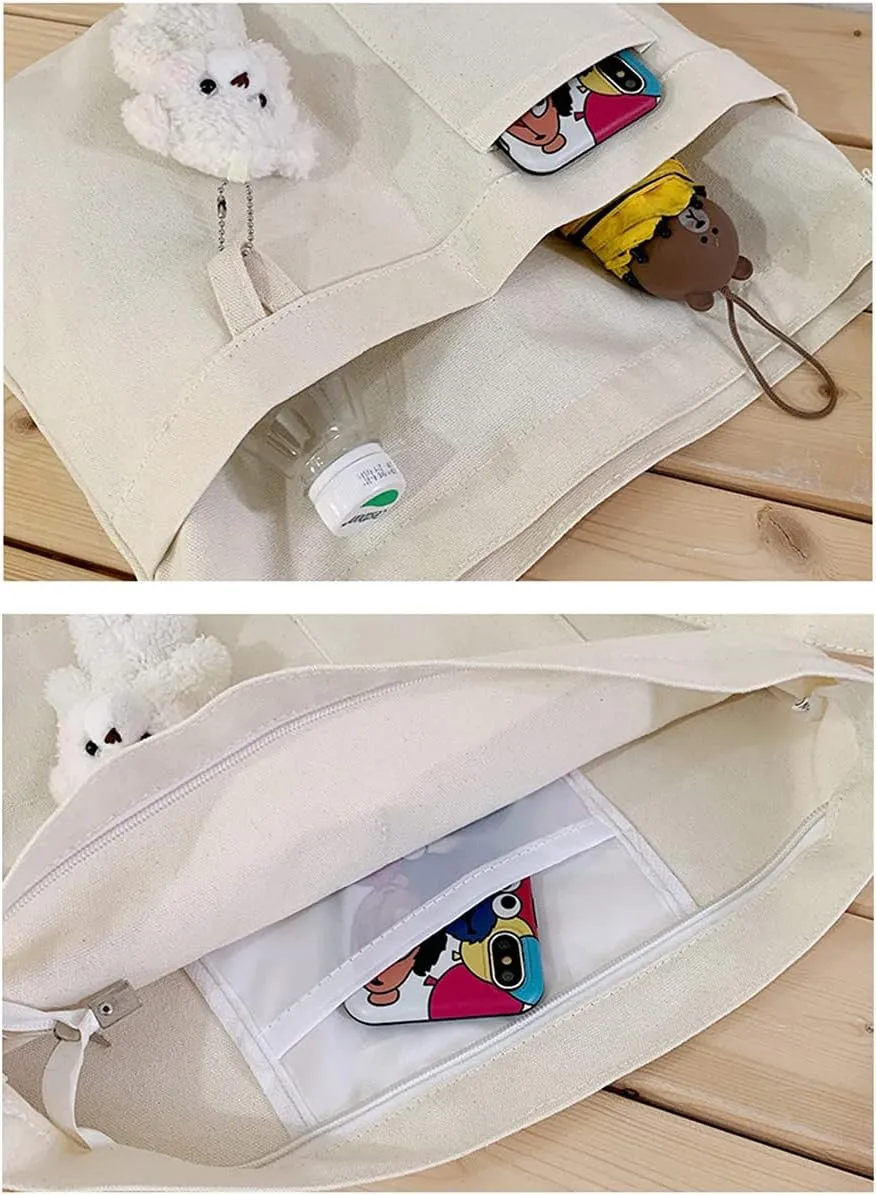 Economical Cotton Canvas Tote Bag,Women Hobo Shoulder Bag Crossbody Handbag with 3 External Pocket,Zipper Closure