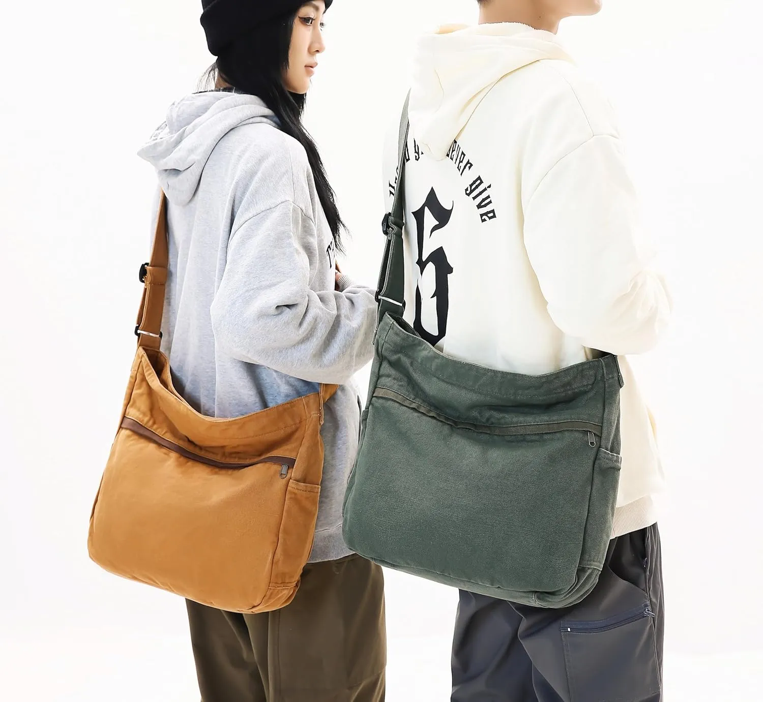 Economical Cotton Canvas Tote Bag,Women Hobo Shoulder Bag Crossbody Handbag with 3 External Pocket,Zipper Closure
