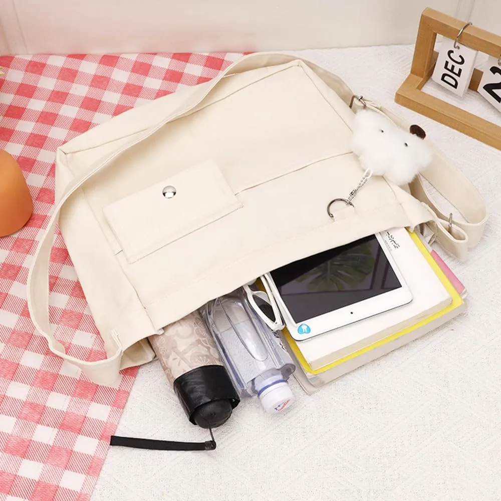 Economical Cotton Canvas Tote Bag,Women Hobo Shoulder Bag Crossbody Handbag with 3 External Pocket,Zipper Closure