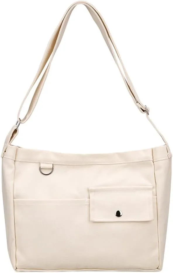Economical Cotton Canvas Tote Bag,Women Hobo Shoulder Bag Crossbody Handbag with 3 External Pocket,Zipper Closure