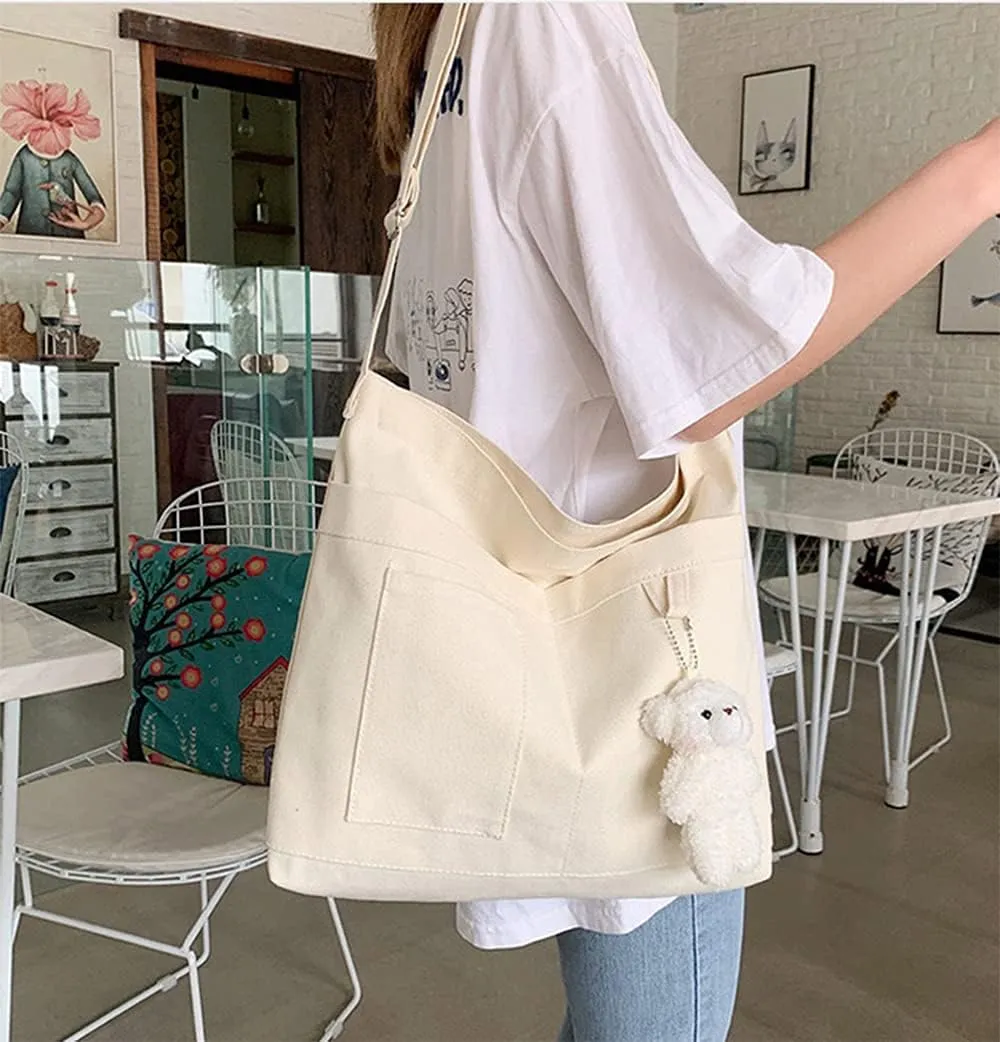 Economical Cotton Canvas Tote Bag,Women Hobo Shoulder Bag Crossbody Handbag with 3 External Pocket,Zipper Closure