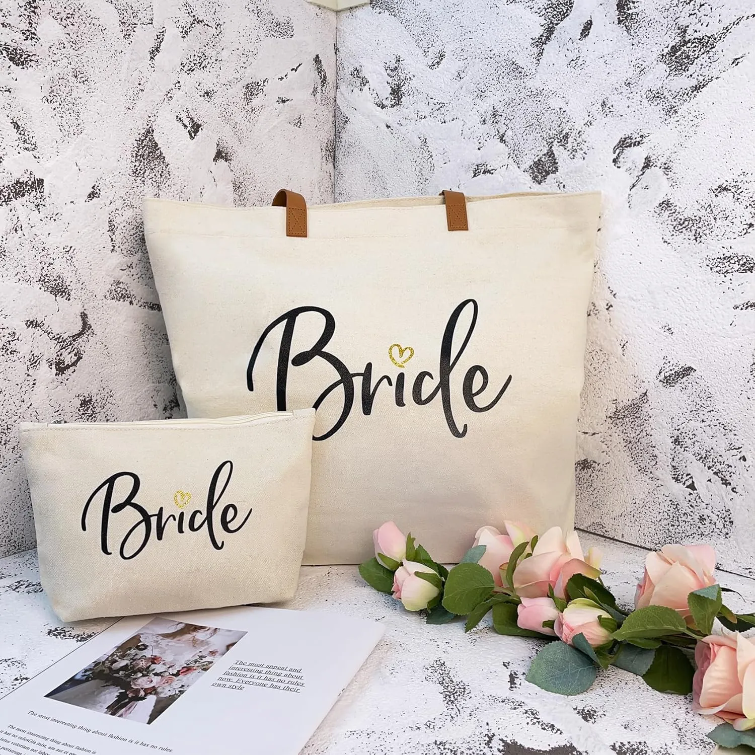 ELEGANTPARK Bride Gifts Wedding Gifts for Bride Bag Bridal Shower Bachelorette Party Honeymoon Large Shoulder Bags Canvas Totes with Zipper Set of 2