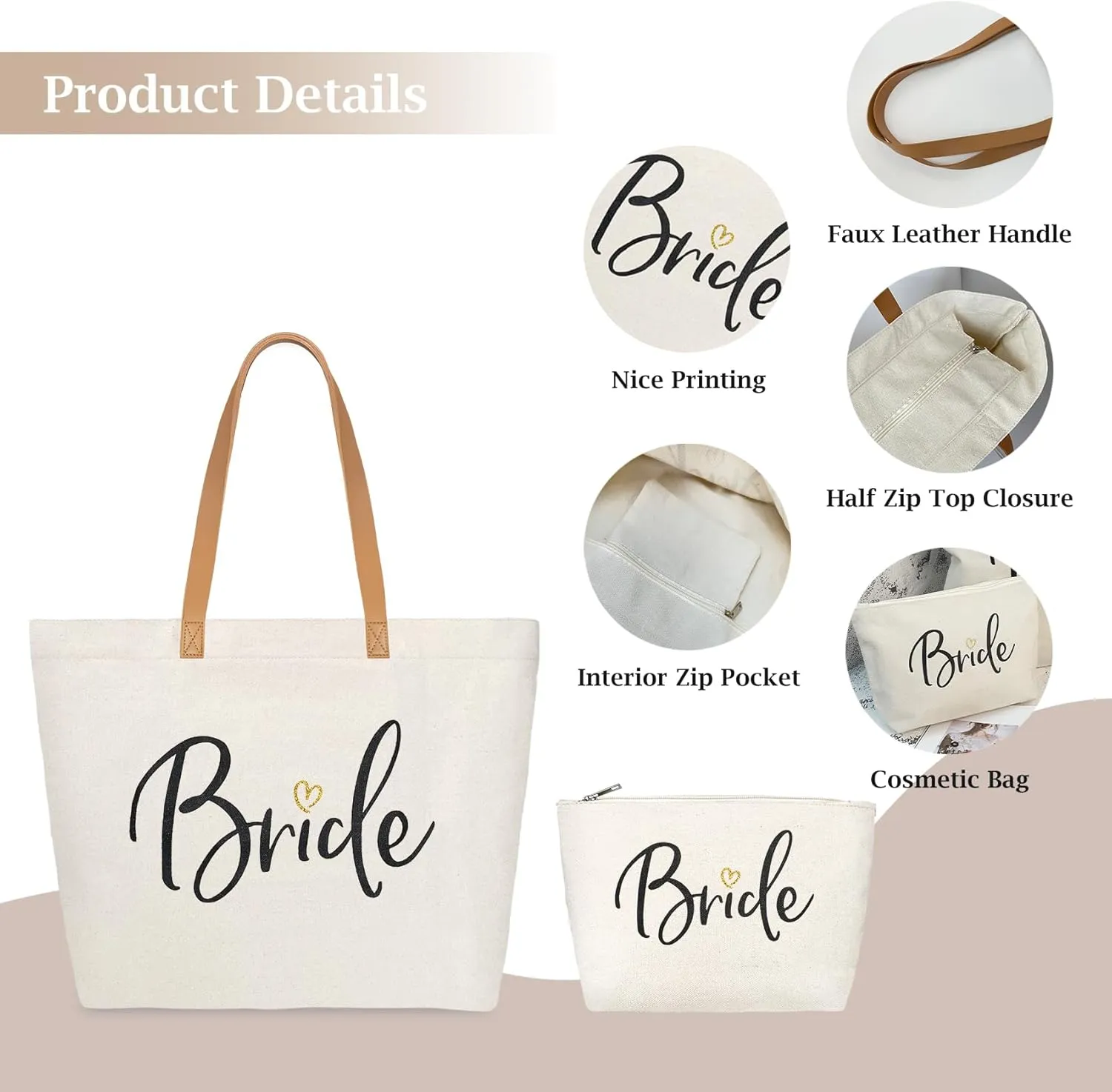 ELEGANTPARK Bride Gifts Wedding Gifts for Bride Bag Bridal Shower Bachelorette Party Honeymoon Large Shoulder Bags Canvas Totes with Zipper Set of 2
