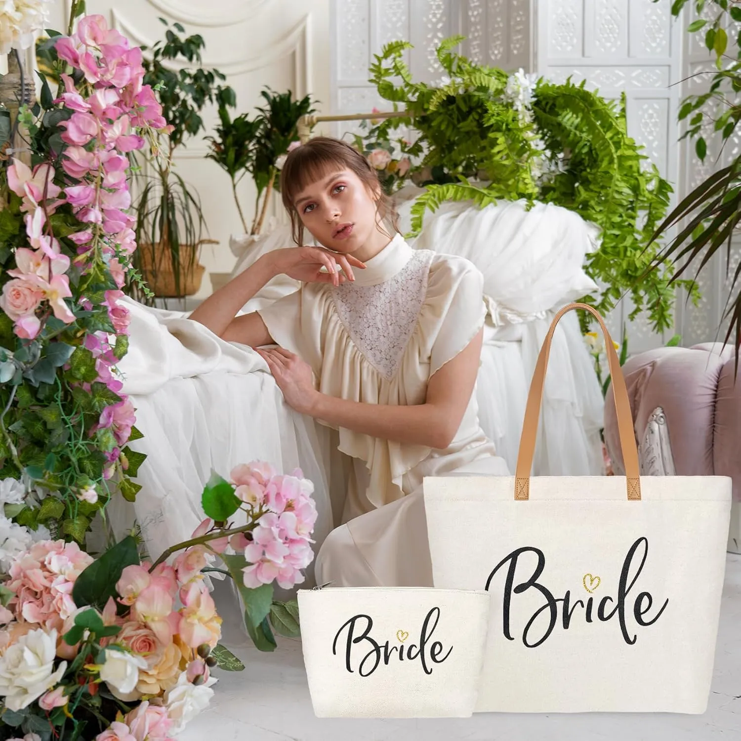 ELEGANTPARK Bride Gifts Wedding Gifts for Bride Bag Bridal Shower Bachelorette Party Honeymoon Large Shoulder Bags Canvas Totes with Zipper Set of 2