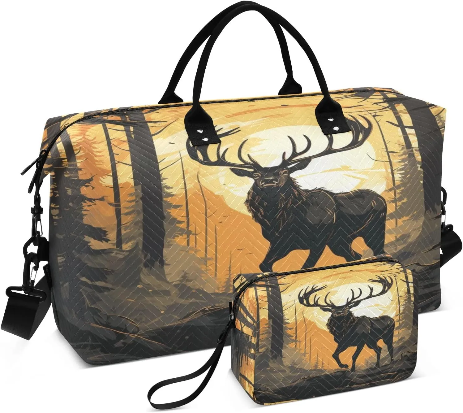 Elk Deer Forest Travel Duffel Bags with Toiletry Bag and Adjustable Strap for Travel Gym Yoga