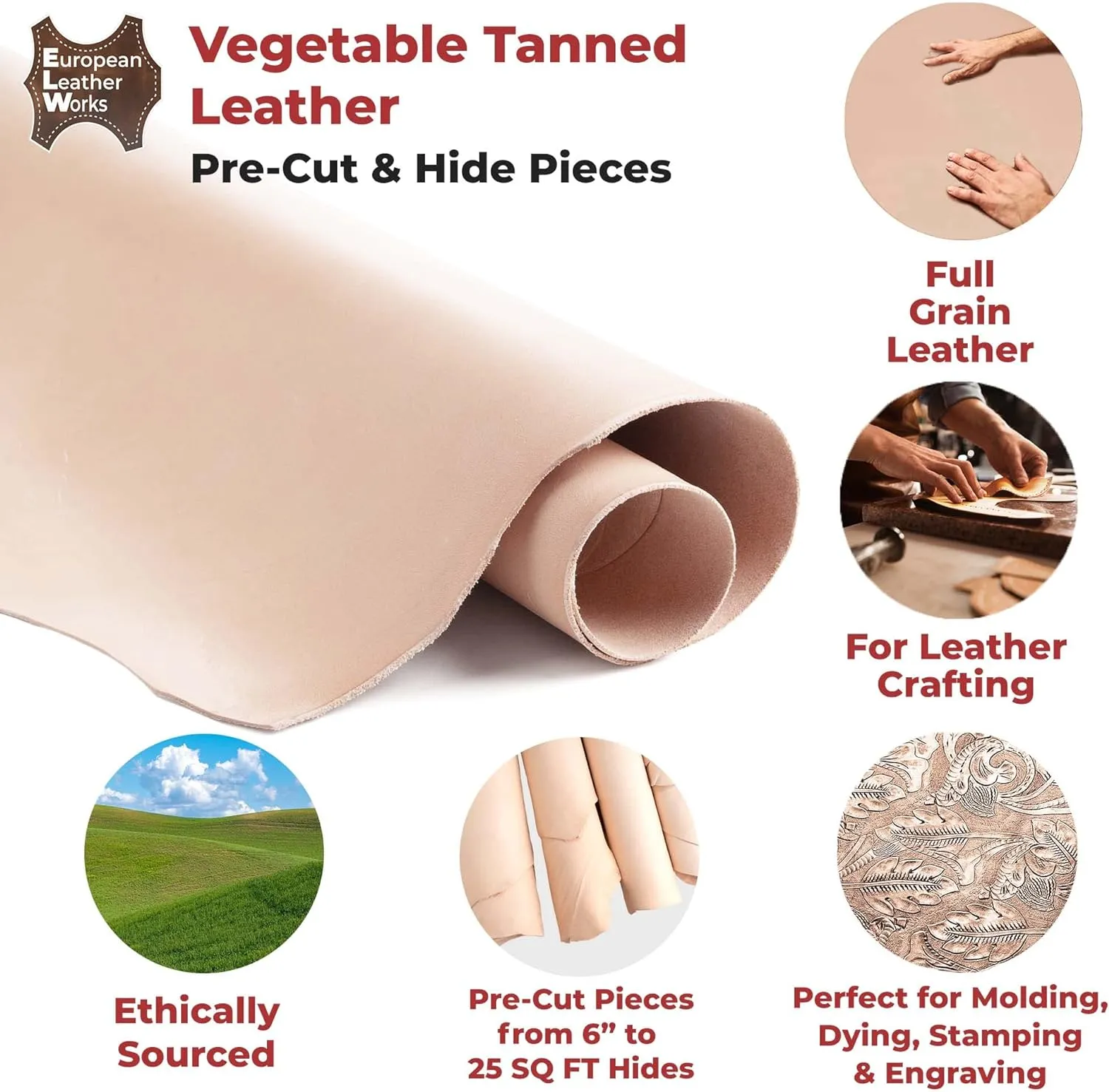 ELW 8-9 oz (3.2-3.6mm) Thickness Weight Pre-Cut 4-6 SQ FT Vegetable Tanned Leather Cowhide Grade AB Full Grain Leather for Tooling, Carving, Engraving, Molding, Embossing, Stamping, & Dyeing