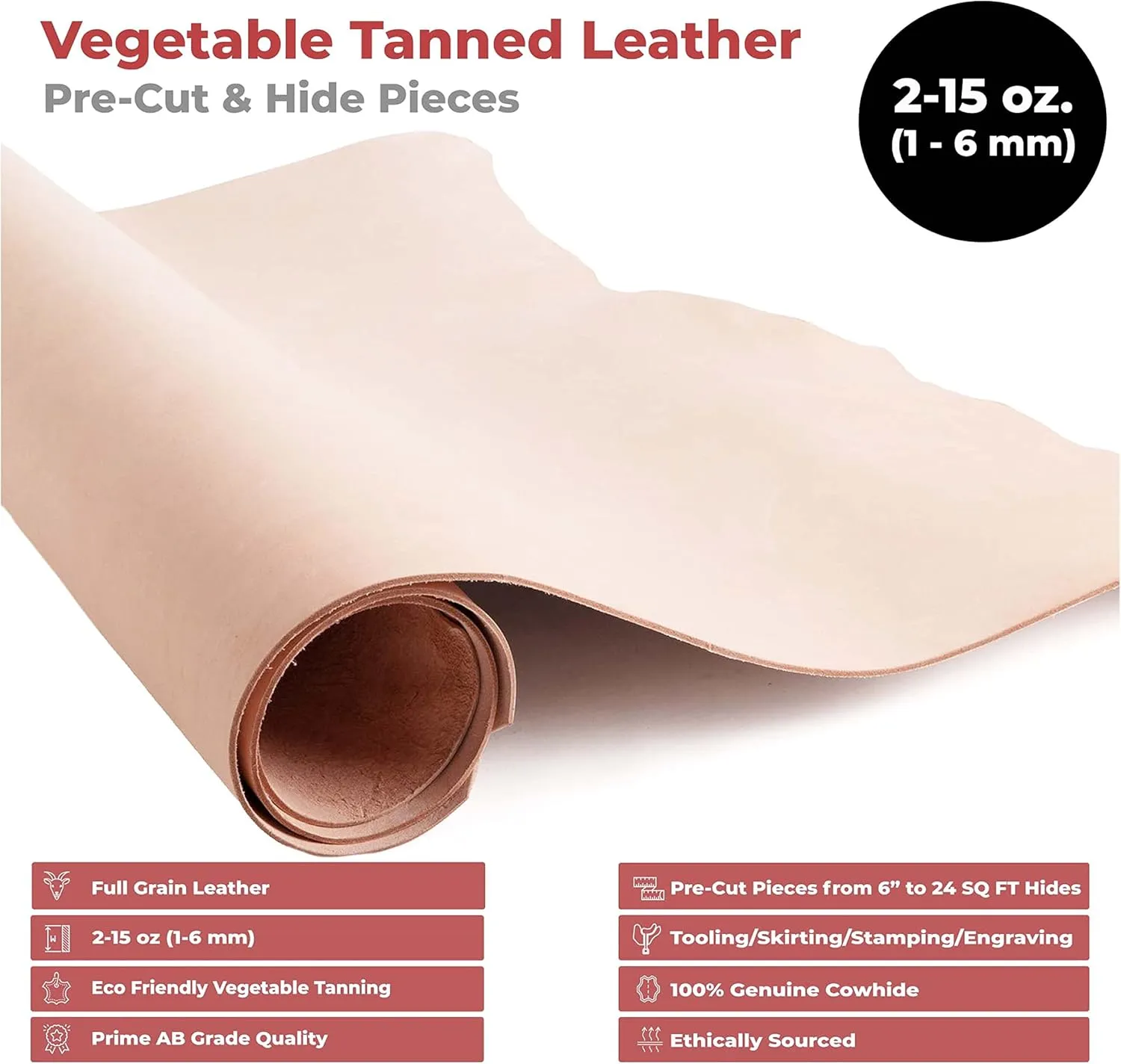 ELW 8-9 oz (3.2-3.6mm) Thickness Weight Pre-Cut 4-6 SQ FT Vegetable Tanned Leather Cowhide Grade AB Full Grain Leather for Tooling, Carving, Engraving, Molding, Embossing, Stamping, & Dyeing