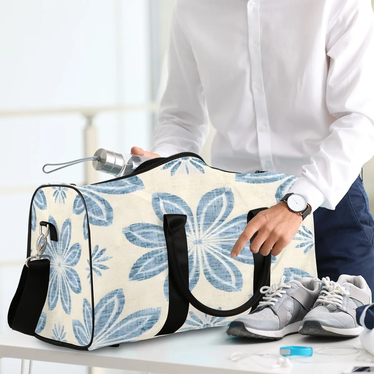Ethnic Blue Flower Travel Duffle Bag, Sports Gym Bags for Women Men, Carry On Weekender Overnight Workout Airplane Trips Bag