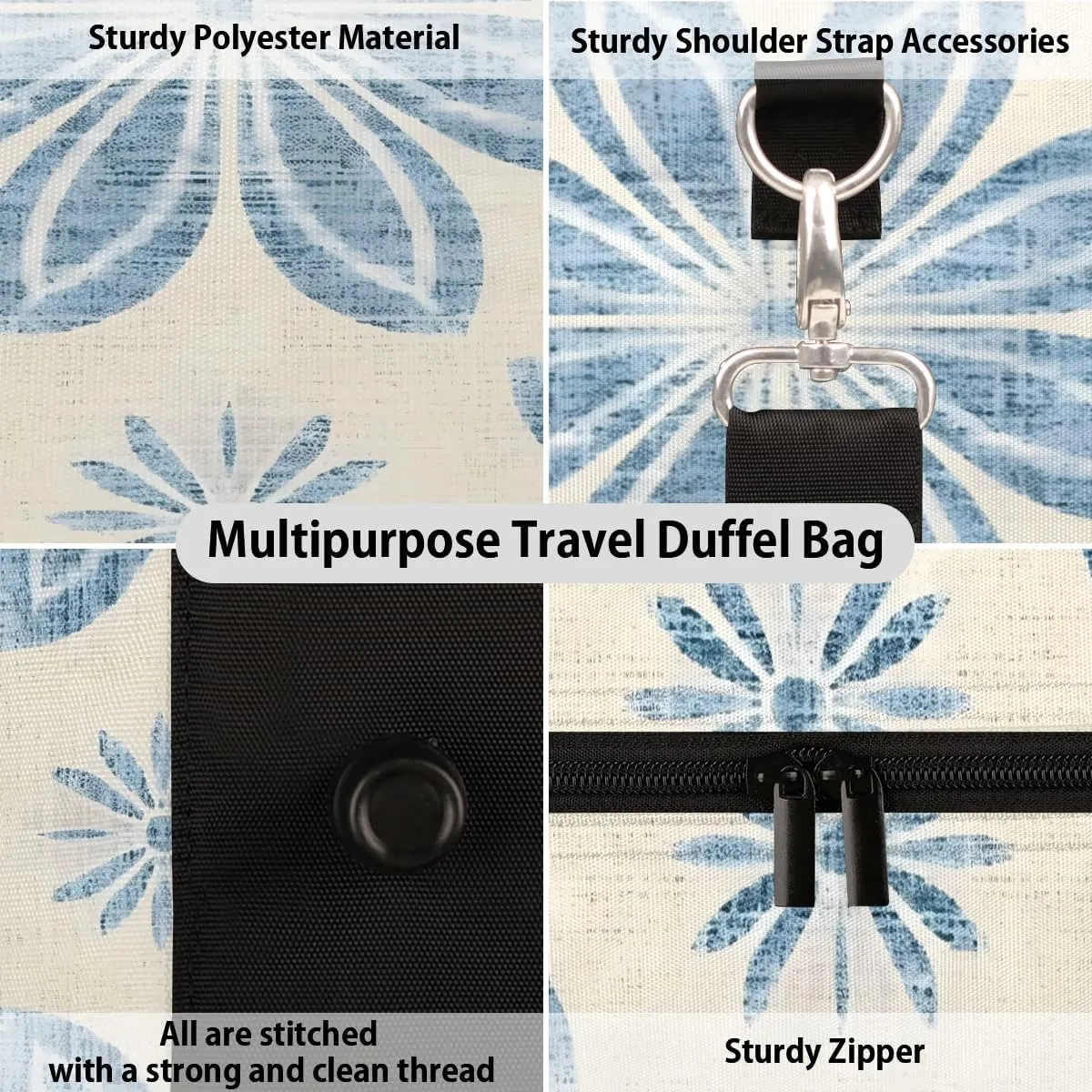 Ethnic Blue Flower Travel Duffle Bag, Sports Gym Bags for Women Men, Carry On Weekender Overnight Workout Airplane Trips Bag