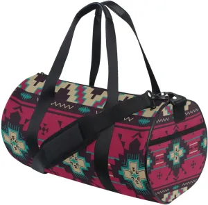 Ethnic Native Southwest American, Tribal Indian Aztec Textiles Duffel Bag, Foldable Canvas Travel Tote for Gym Sports with Inner Pockets, Durable Lightweight Fitness Bag for Overnight Workout