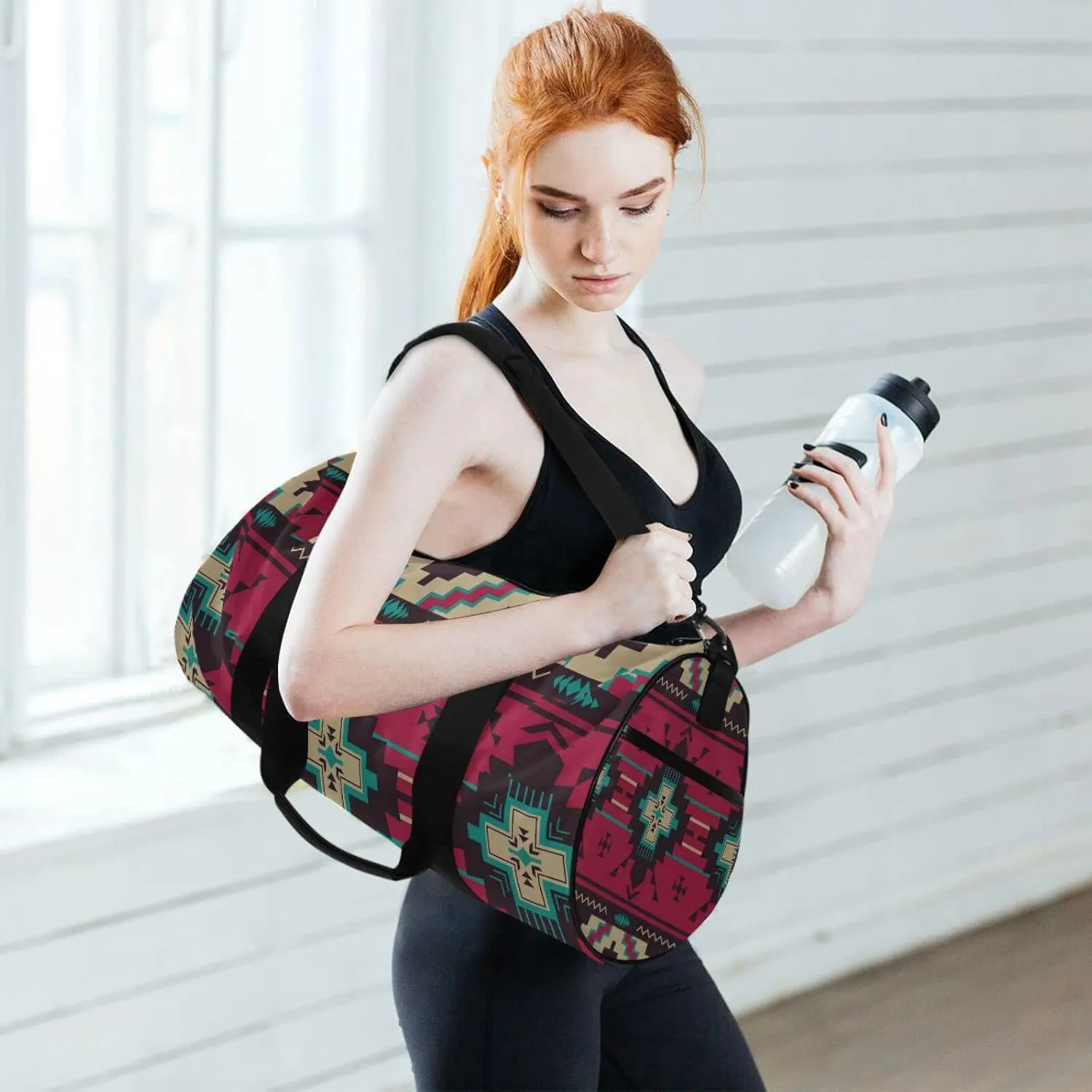 Ethnic Native Southwest American, Tribal Indian Aztec Textiles Duffel Bag, Foldable Canvas Travel Tote for Gym Sports with Inner Pockets, Durable Lightweight Fitness Bag for Overnight Workout