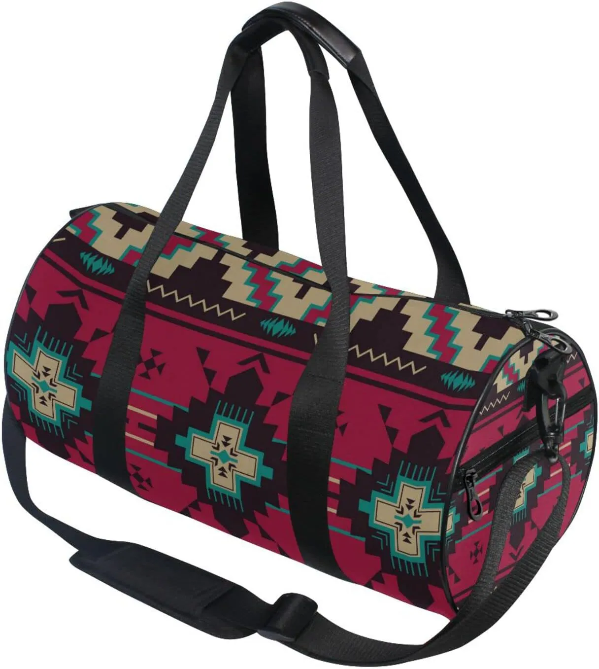Ethnic Native Southwest American, Tribal Indian Aztec Textiles Duffel Bag, Foldable Canvas Travel Tote for Gym Sports with Inner Pockets, Durable Lightweight Fitness Bag for Overnight Workout