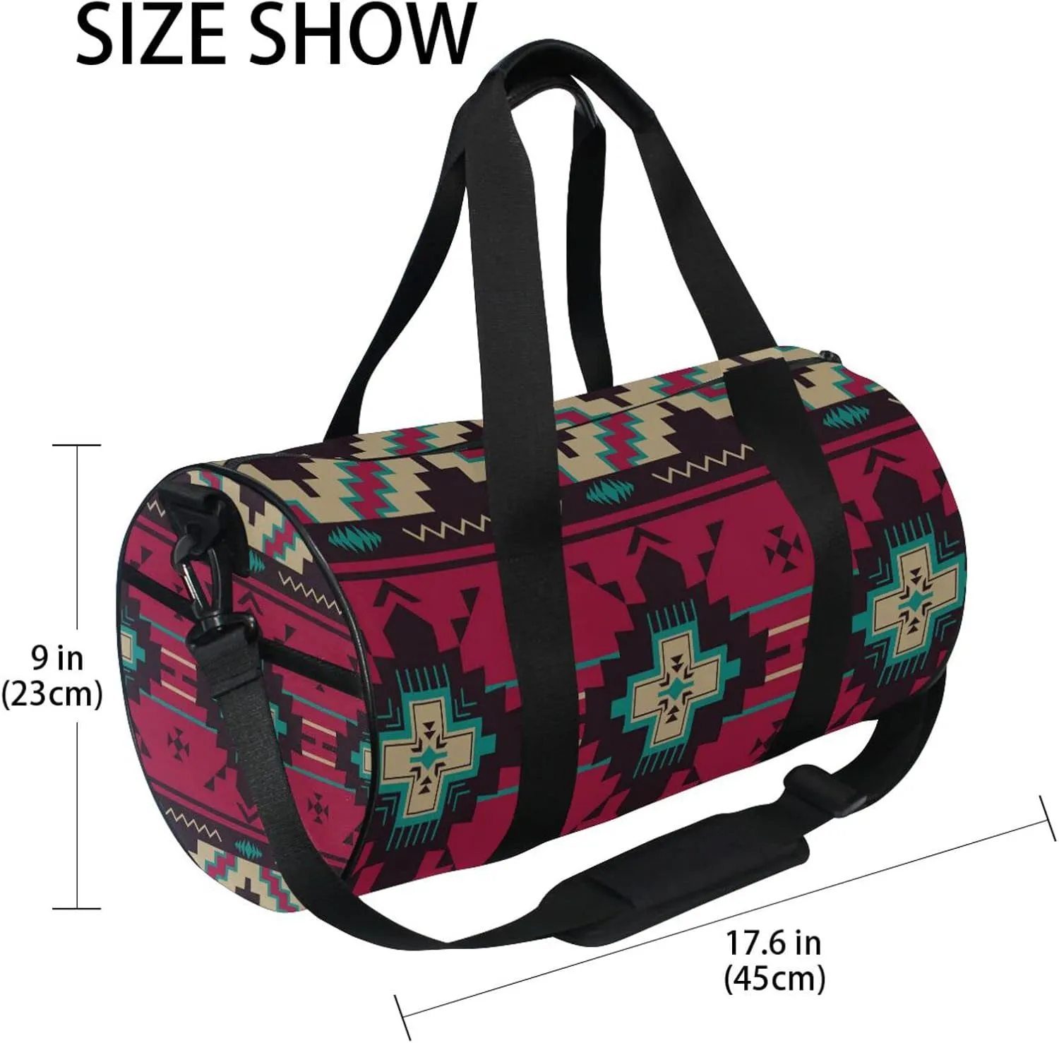 Ethnic Native Southwest American, Tribal Indian Aztec Textiles Duffel Bag, Foldable Canvas Travel Tote for Gym Sports with Inner Pockets, Durable Lightweight Fitness Bag for Overnight Workout