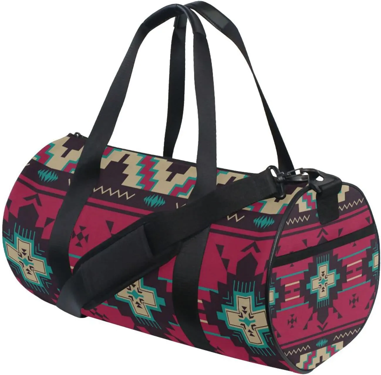 Ethnic Native Southwest American, Tribal Indian Aztec Textiles Duffel Bag, Foldable Canvas Travel Tote for Gym Sports with Inner Pockets, Durable Lightweight Fitness Bag for Overnight Workout