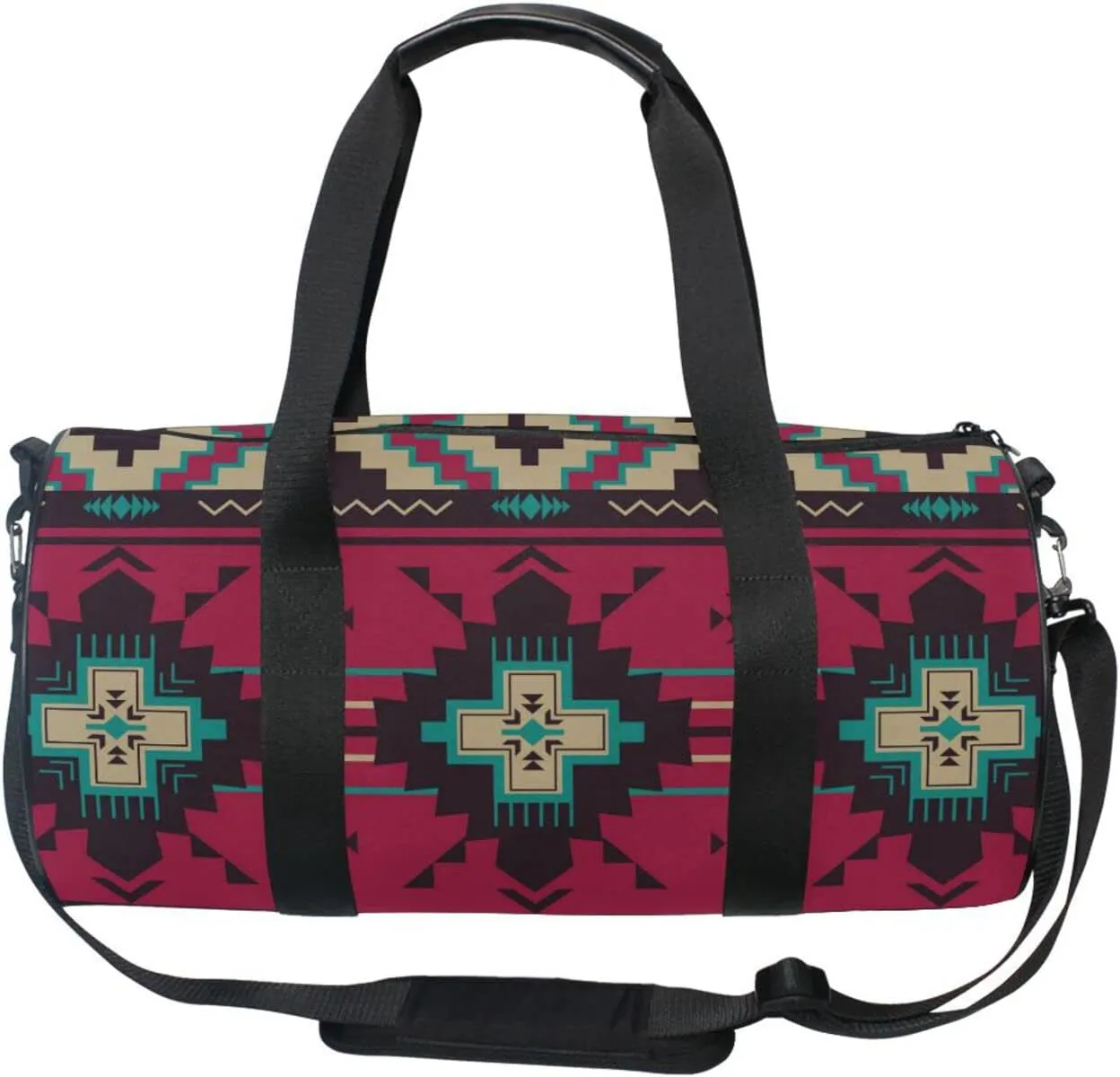 Ethnic Native Southwest American, Tribal Indian Aztec Textiles Duffel Bag, Foldable Canvas Travel Tote for Gym Sports with Inner Pockets, Durable Lightweight Fitness Bag for Overnight Workout