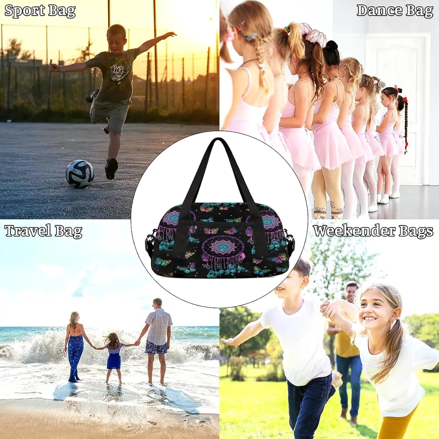 Ethnic Tribe Dreamcatcher Kids Duffel Bag Lightweight Waterproof Sports Gym Bag with Front Zipper Pocket Foldable Weekender Overnight Bag for School Practice Gymnastic Ballet