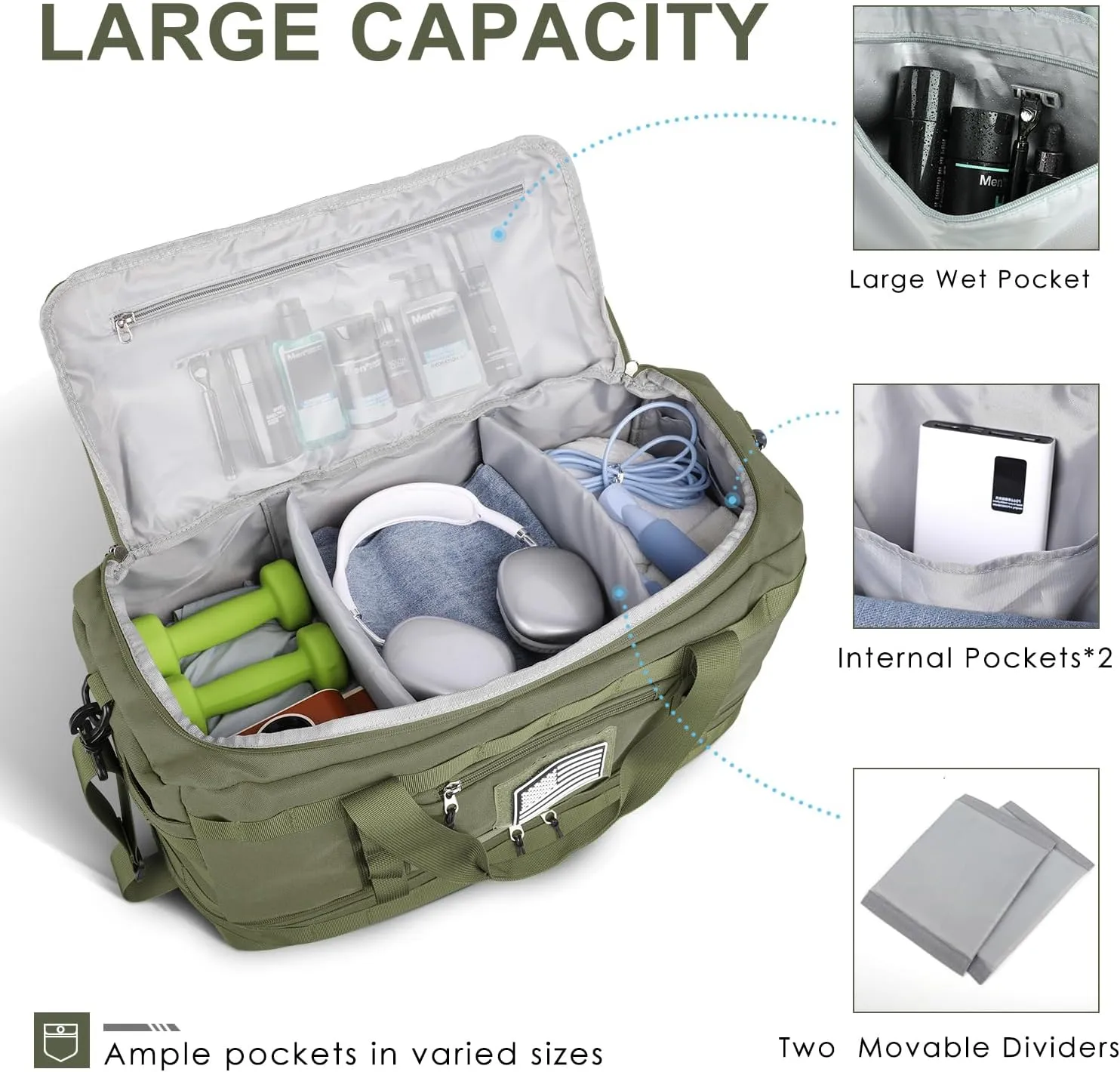 ETRONIK Travel Bag for Men Women, Gym Bag & Tactical Duffle Bags for Travel, Carry on with Toiletry Bag and Shoe Compartment, Weekender Overnight Trip with Wet Pocket for Workout Medical, Green