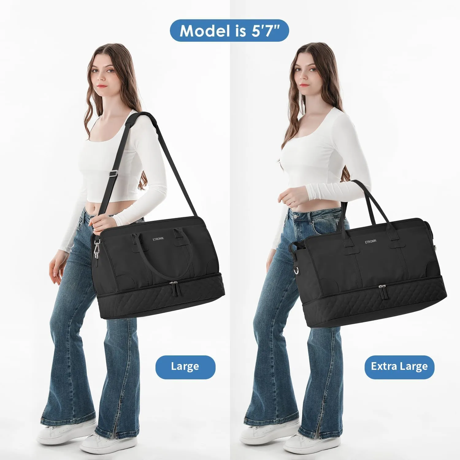 ETRONIK Weekender Overnight Bags for Women, Large Travel Duffle Bag with Shoe Compartment & Wet Pocket, Carry On Tote Bag Gym Duffel Bag with Toiletry Bag for Hospital 4 Pcs Set, Large Size, Black