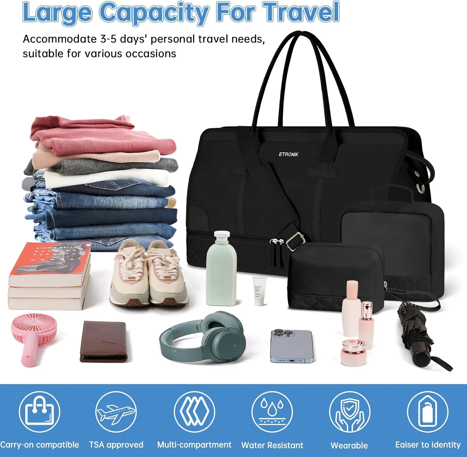 ETRONIK Weekender Overnight Bags for Women, Large Travel Duffle Bag with Shoe Compartment & Wet Pocket, Carry On Tote Bag Gym Duffel Bag with Toiletry Bag for Hospital 4 Pcs Set, Large Size, Black