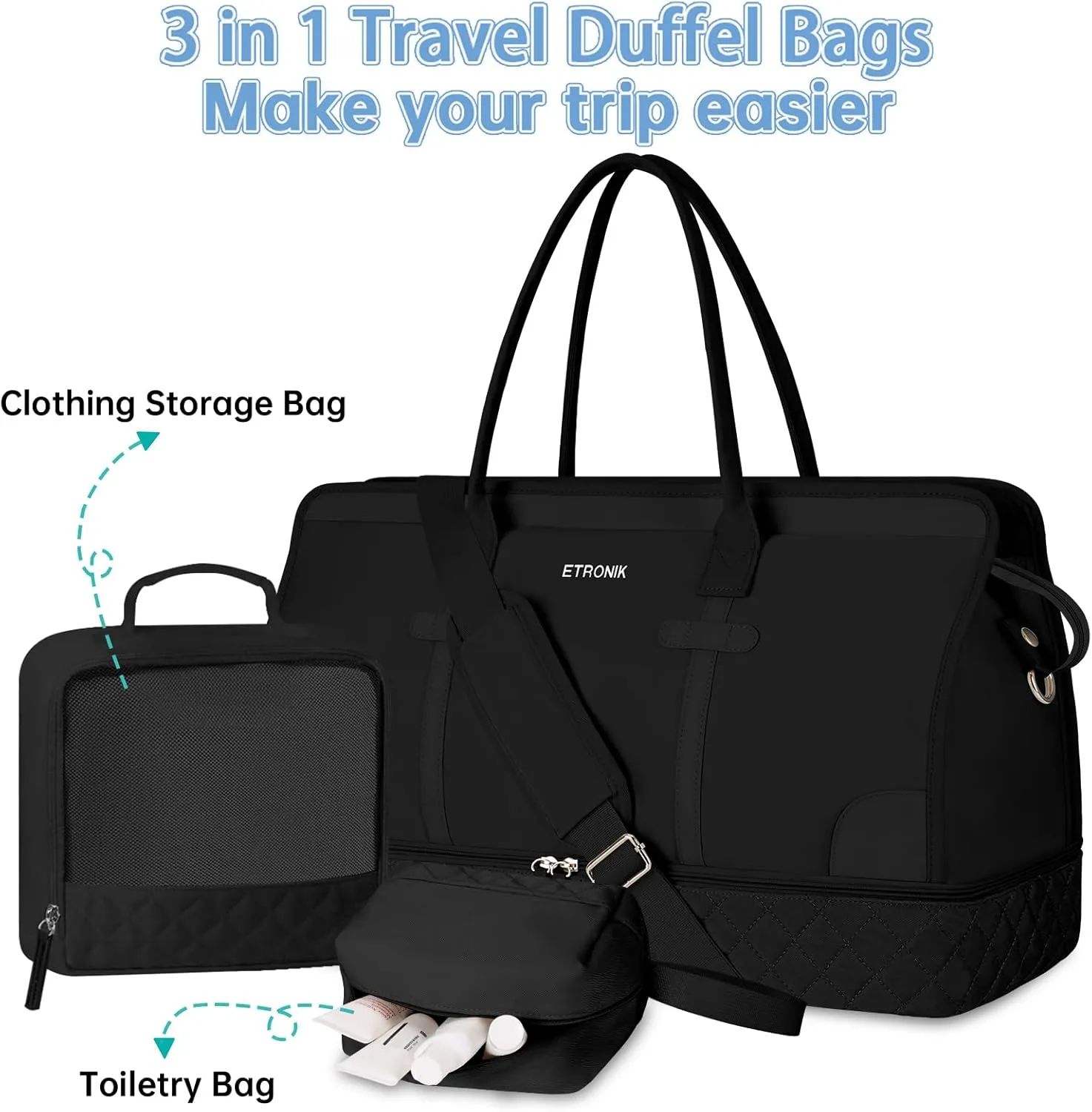 ETRONIK Weekender Overnight Bags for Women, Large Travel Duffle Bag with Shoe Compartment & Wet Pocket, Carry On Tote Bag Gym Duffel Bag with Toiletry Bag for Hospital 4 Pcs Set, Large Size, Black