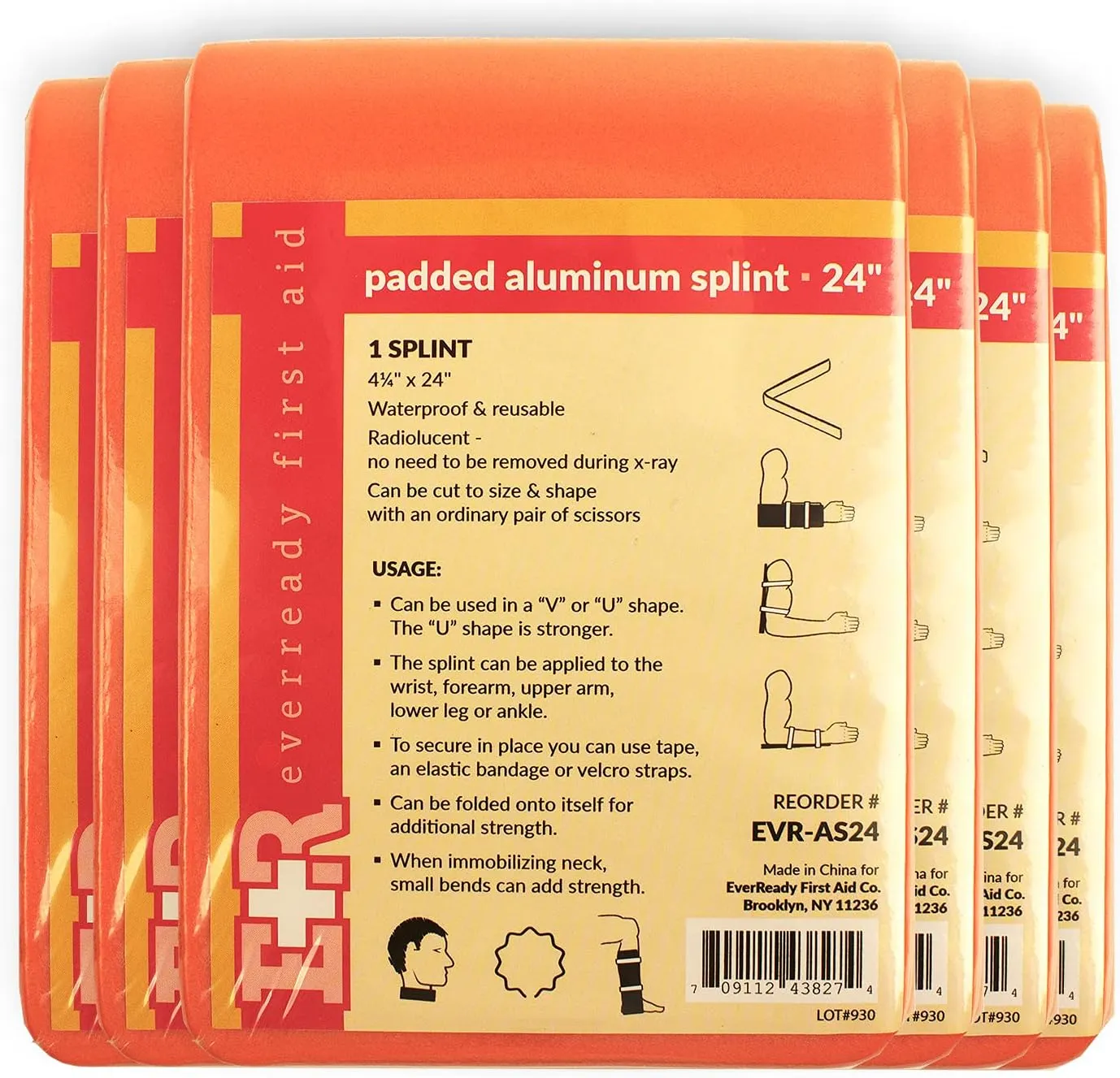 Ever Ready First Aid Padded Universal Aluminum Splint, 4.25” x 24”, Flat Folded, Waterproof - 6 Count