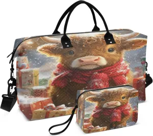 Exnundod Snowy Highland Cattle Travel Duffel Bags for Women Christmas Sports Gym Bag Weekender Carry On Tote Overnight Luggage Duffle Bags