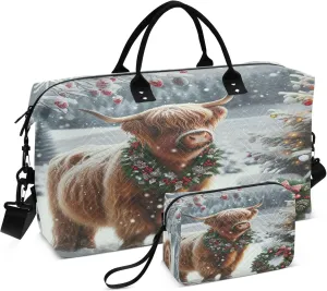 Exnundod Snowy Winter Highland Cow Travel Duffel Bags for Women Christmas Wreath Sports Gym Bag Weekender Carry On Tote Overnight Luggage Duffle Bags