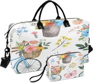 Exnundod Watercolor Flowers Blue Bicycle Travel Duffel Bags for Women Pink Butterflies Spring Sports Gym Bag Weekender Carry On Tote Overnight Luggage Duffle Bags