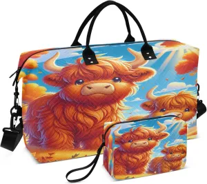Exnundod Women Weekender Bags Cartoon Autumn Highland Cow Travel Duffel Bags Carry On Overnight Bag Red Maple Large Hospital Tote Luggage