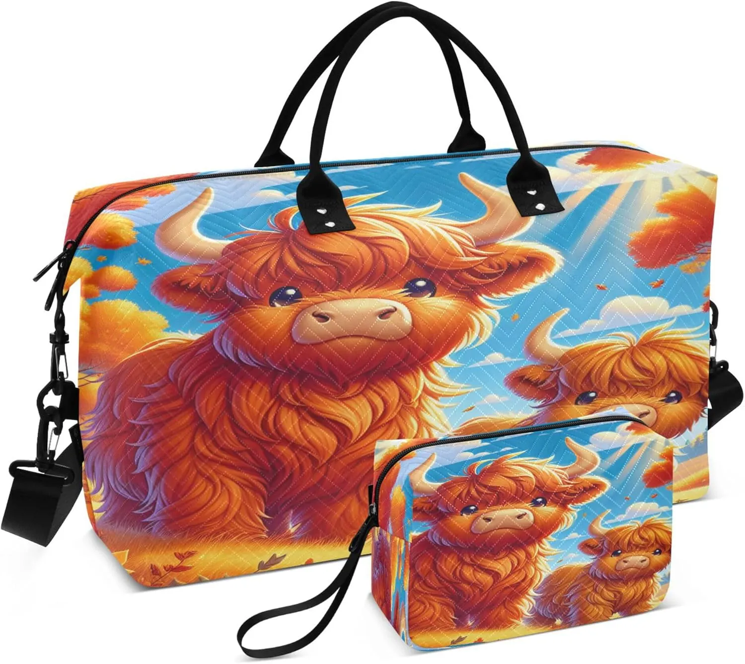 Exnundod Women Weekender Bags Cartoon Autumn Highland Cow Travel Duffel Bags Carry On Overnight Bag Red Maple Large Hospital Tote Luggage