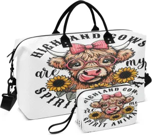 Exnundod Women Weekender Bags Farm Animals Highland Cows Travel Duffel Bags Carry On Overnight Bag Large Hospital Tote Luggage