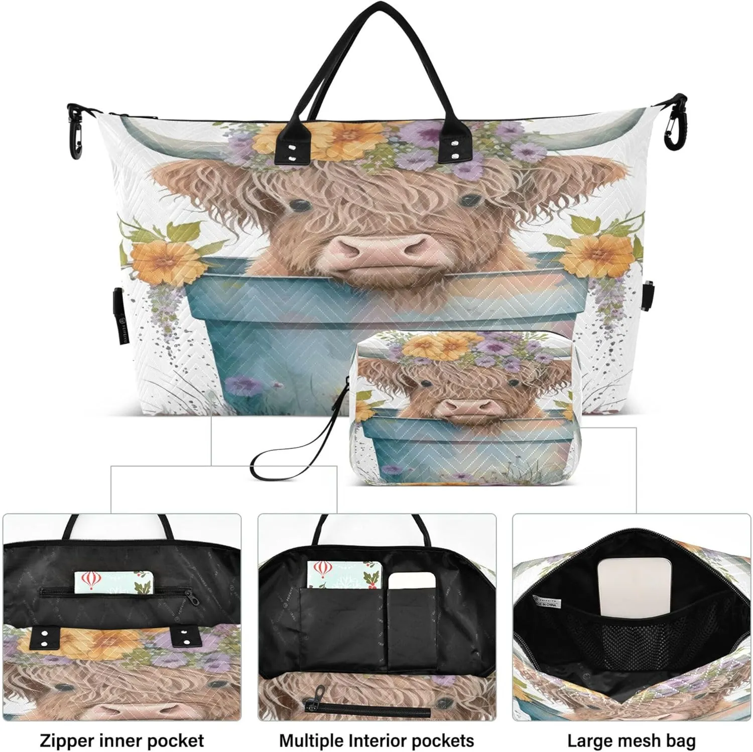 Exnundod Women Weekender Bags Highland Cartoon Cow-calf Travel Duffel Bags Carry On Overnight Bag Flowers Spring Large Hospital Tote Luggage