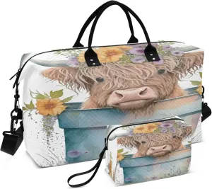 Exnundod Women Weekender Bags Highland Cartoon Cow-calf Travel Duffel Bags Carry On Overnight Bag Flowers Spring Large Hospital Tote Luggage